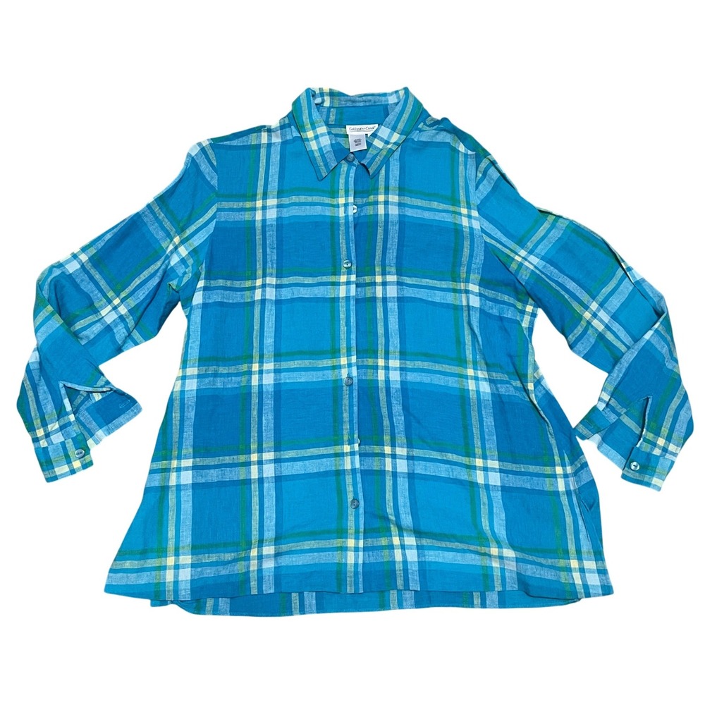 Coldwater‎ Creek Women's PXL Blue Green Plaid Linen Rayon Button Down Shirt Top